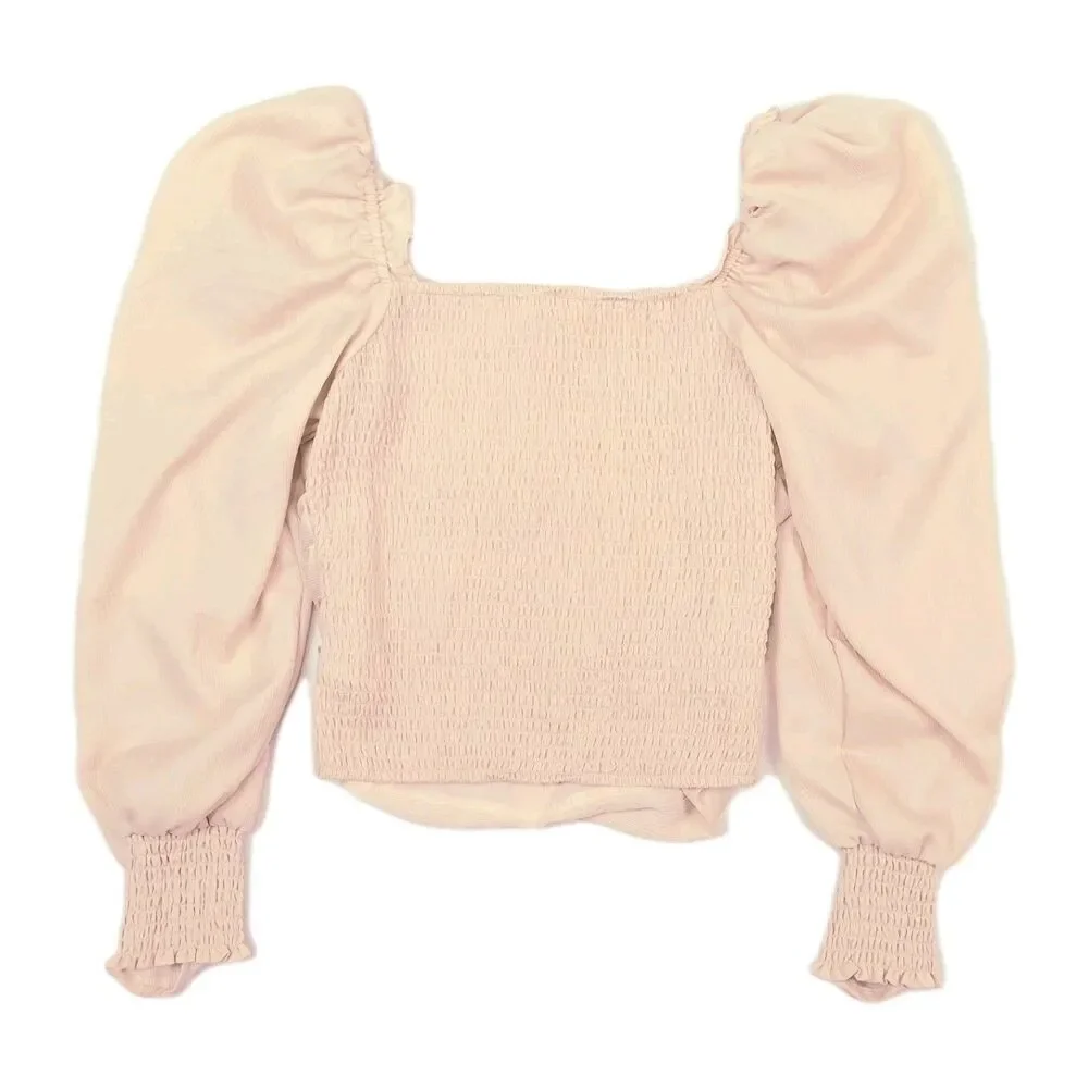 ASTR Puff Sleeve Blouse M Pink Smocked Ruched Ruffle Square Neck Pastel Coquette